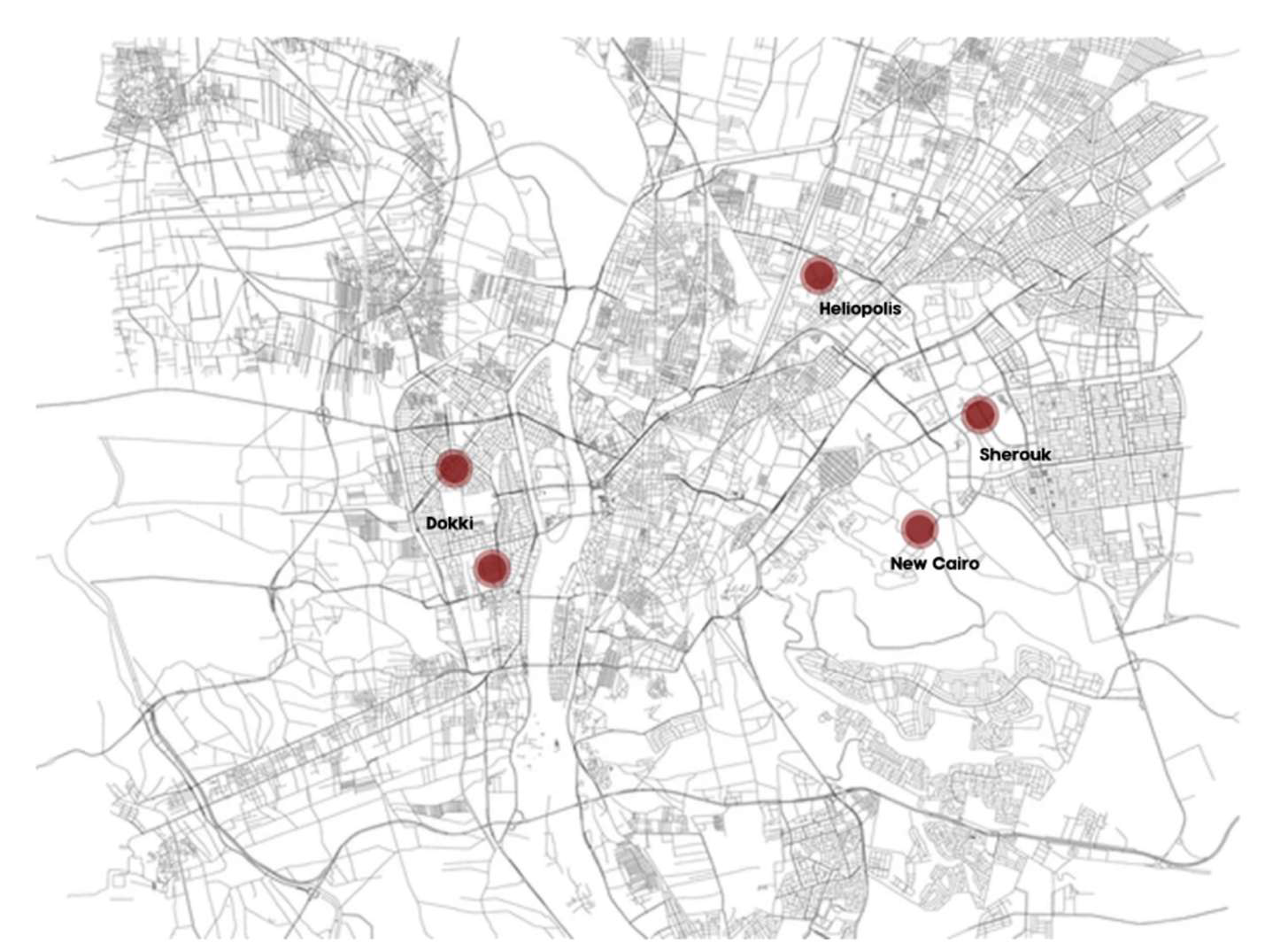 Map of Greater Cairo showing HG Holding project locations in Heliopolis, Sherouk, New Cairo and Dokki